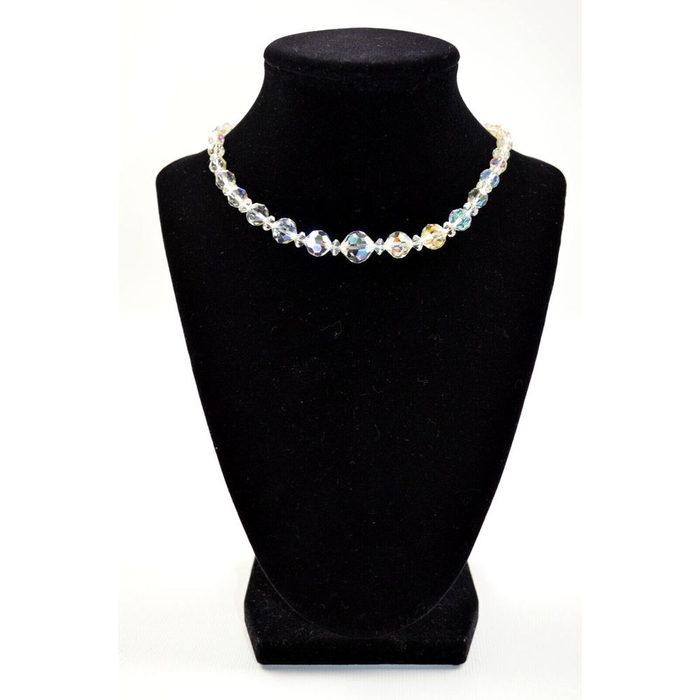 Vintage Clear‎ Crystal Aurora Borealis Glass Beads Choker Necklace 15"